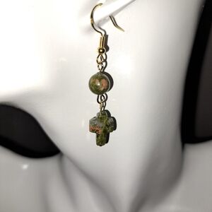 Semiprecious Unakite Cross Dangle Earrings
